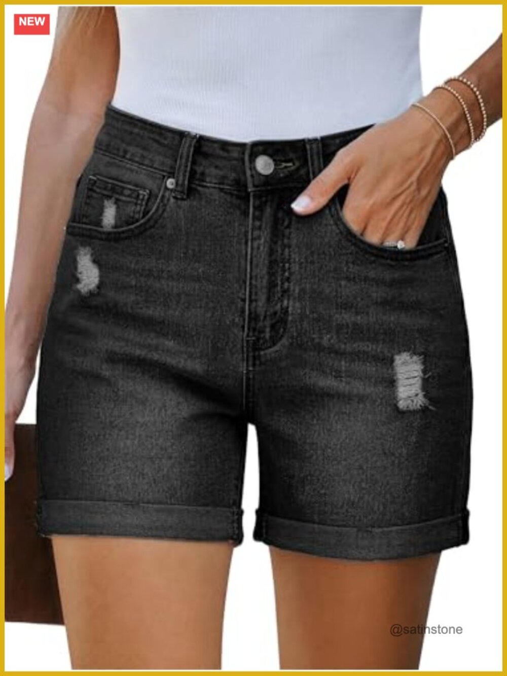 Women's Mid-High Waisted Ripped Denim Shorts Stretchy Rolled Hem Summer Jorts